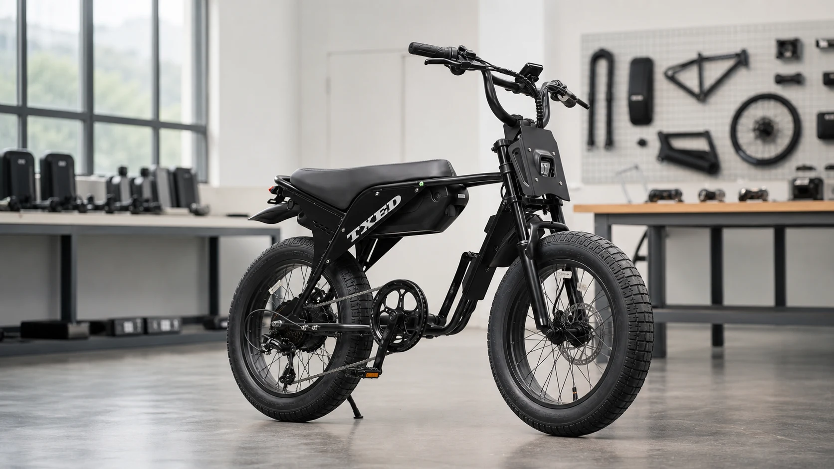 TXED Tourist750 e-bike in a factory product review area